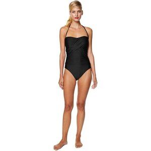 Tahari Black Wrap Shirred Bandeau One Piece Swimsuit S